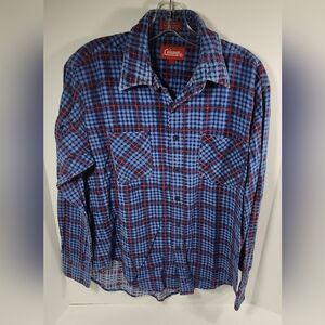 VTG Coleman Outdoors  Men's Button Down Flannel Shirt Size Large Plaid Blue Red
